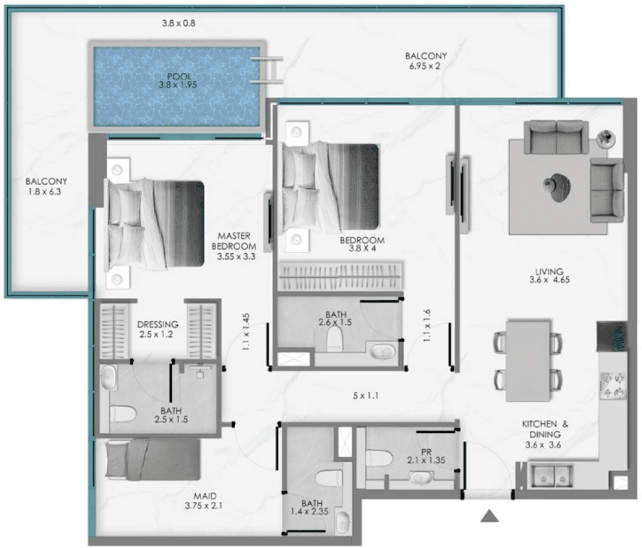 Ocean Bay floor plan — 2 BR + Maid + Pool