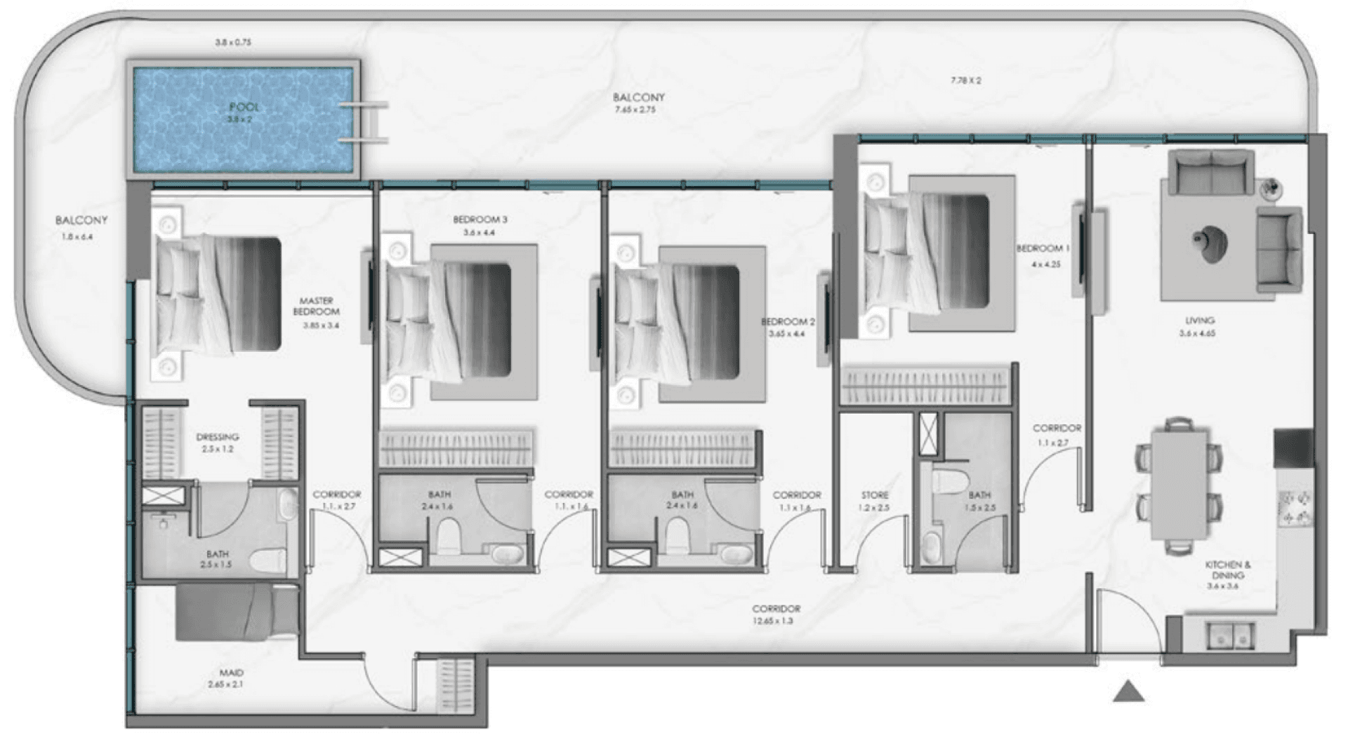 Ocean Bay floor plan — 4 BR + Maid + Store + Pool